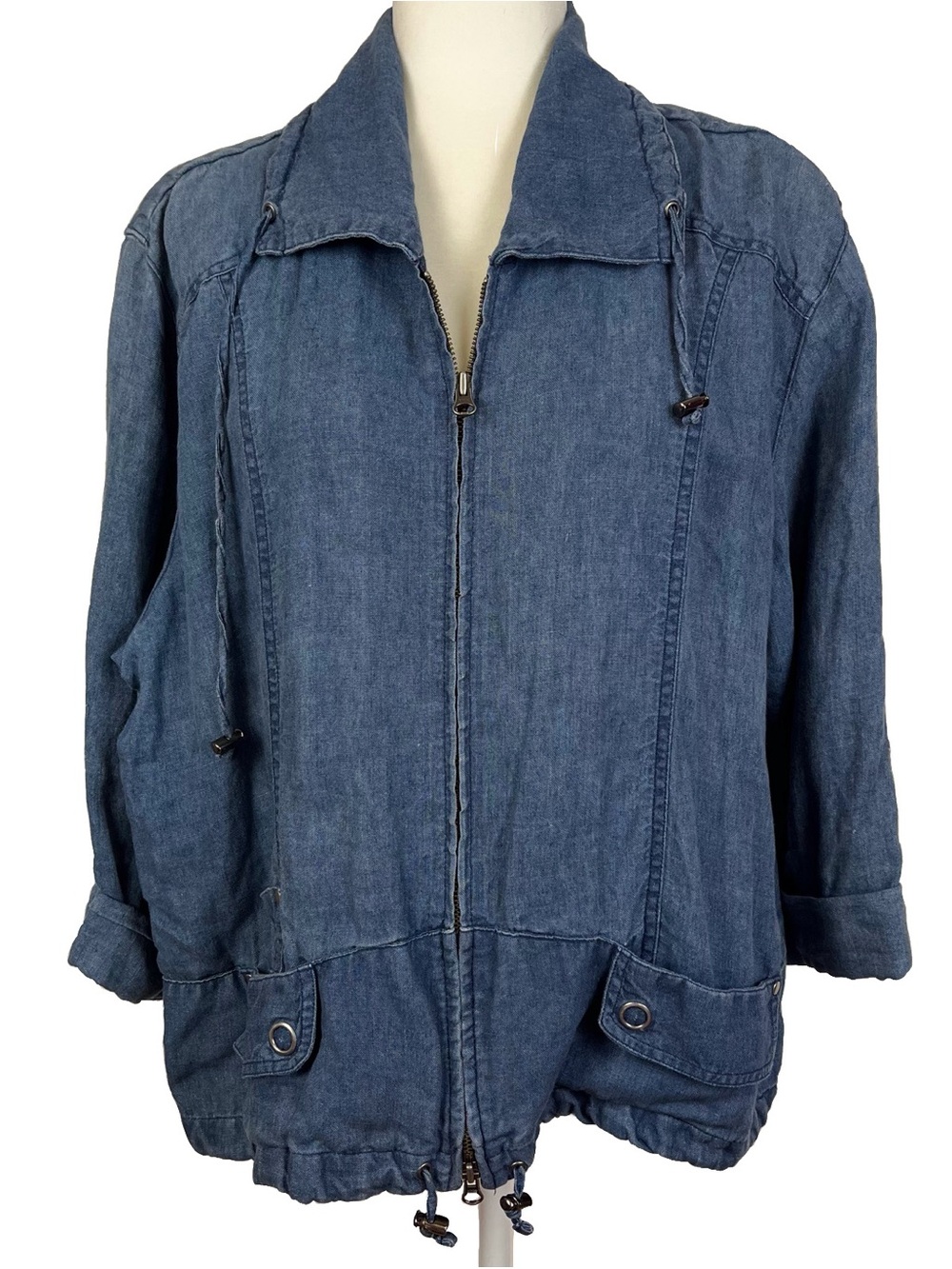 Chicos Women's 100% Linen Blue Jean Jacket Collared Pockets Zip Size 3-XL